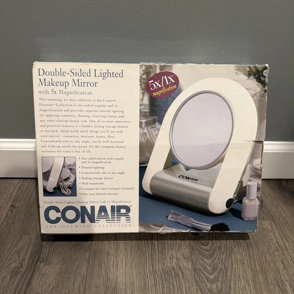 Vintage ConAir The Illumina Collection Double-Sided Lighted Makeup‎ Mirror 5x